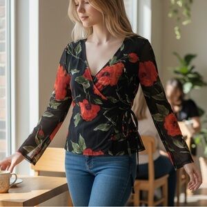 Floral mesh Black and Red v neck Blouse S